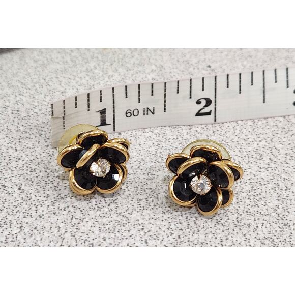 Black Gold Rhinestone Flower Shape Stud Earrings 1" Width - Picture 3 of 3